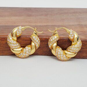 18K Gold 2ct Diamond Womens Chunky Hoop Earrings Ladies NEW 18 K Silver Jewelry